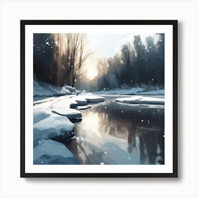 Winter Woodland Landscape, River Reflections 2 Art Print