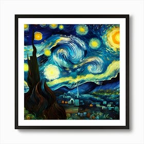 Re Imagine Van Gogh S Starry Night Painting Depicting A Magical Landscape And Night Sky In His Bold, Swirling Style Using Digital Art Tools And Techniques Art Print