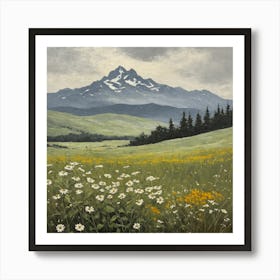 Vintage Oil Painting of Wild Flowers in a Meadow, Mountains in the Background 19 Art Print