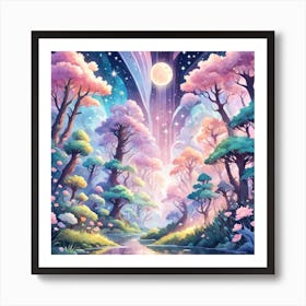 A Fantasy Forest With Twinkling Stars In Pastel Tone Square Composition 334 Art Print