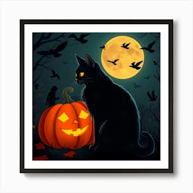 Black Cat By Pumkin And Ravens At Night - Diverse Art Illustration 22 Art Print