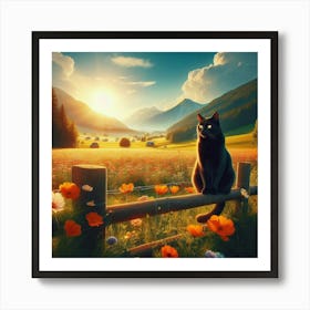 Ai Black Cat On Fence 3 Art Print