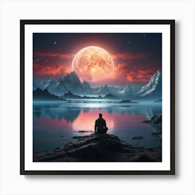 Man In Meditation With Full Moon Art Print