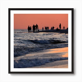 Sunset People beach waves sea square photo photography Art Print