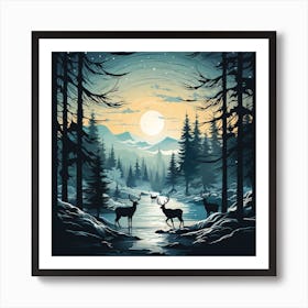 Deer In The Forest for Christmas Art Print