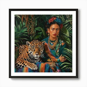 Frida Kahlo and the Jaguar. Animal Conservation Series. Art Print