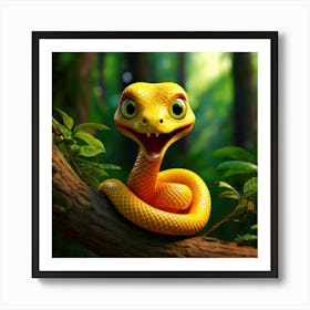 Firefly 3d, Animated, Surprised, Yellow, Baby Snake, Green Eyes, Knot, Tree Branch, Whimsical, Playf Poster