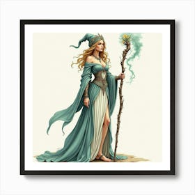 Elegant Sorceress With A Magical Staff, Watercolor 1 Art Print