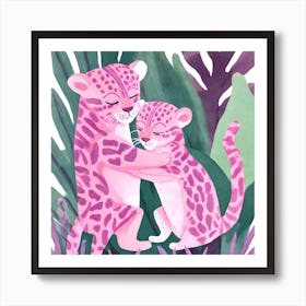 Pink Leopards Playing in Jungle Art Print