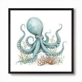Storybook Style Octopus With Fish & Aqua Marine Plants 3 Art Print
