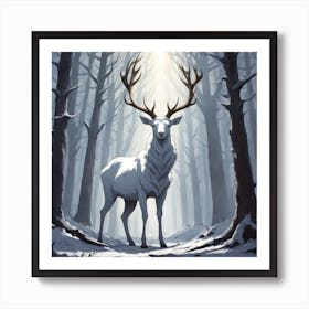 A White Stag In A Fog Forest In Minimalist Style Square Composition 67 Art Print