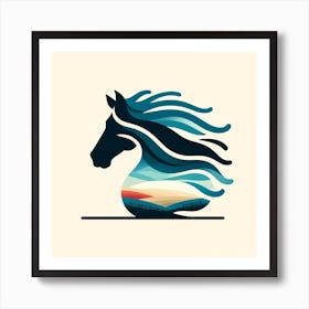 Title: "Zephyr's Grace: The Abstract Equine Essence"  Description: "Zephyr's Grace" is a striking piece that captures the essence of a horse as a force of nature, portrayed through abstract shapes and flowing lines that evoke the movement of the wind. The mane of the horse is stylized in waves of azure and teal, suggesting a cool breeze over a sunlit landscape depicted in warm, sandy tones with hints of a gentle sky. The composition is a blend of motion and stillness, a graphical celebration of the horse's wild spirit and the calm of the countryside it gallops through. This artwork is a testament to the timeless beauty of equine elegance, reimagined through the lens of modern design, making it an ideal statement piece for contemporary spaces that appreciate a fusion of natural beauty with artistic abstraction. Art Print