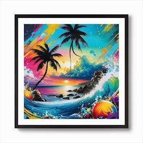 Beach Scene With Palm Trees 6 Art Print