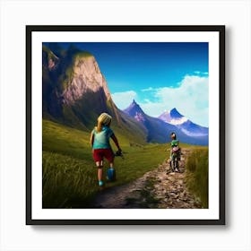 Two Children Riding Bikes In The Mountains Art Print