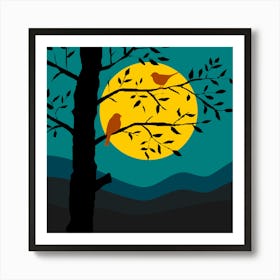 Birds Little Birds Animals Silhouettes Tree Branches Landscape Sky Moon Night Darkness Nature Stylized Cards Background Minimalist Free Images Night Sky Free Illustrations Art Print