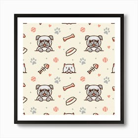 Pug Dog Cat With Bone Fish Bones Paw Prints Ball Seamless Pattern Vector Background Art Print