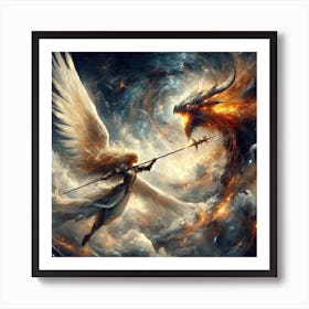 Female warrior fights dragon Art Print