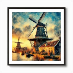 Sketching Amsterdam S Windmills At Sunset, Capturing The Essence Of Dutch Life Style Windmill Sunset Impressionism (4) Art Print