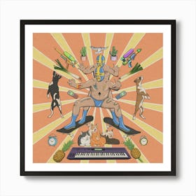 Masked wrestlers, skateboards, animals, fruits, vegetables, water pistols, illustration, wall art Art Print