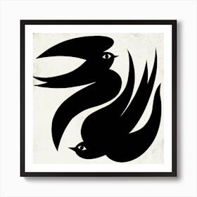 Two Black Birds Dancing In The Sky BW Square Art Print