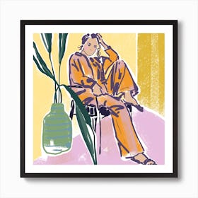 Illustration Of A Woman In Pajamas square Art Print