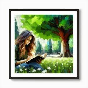 Girl Reading A Book In The Park, Acrylic Painting Style Art Print