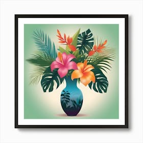 Vase With Flowers  with Tropical, Yellow, Orange, Green, Pink and Turquoise Decoration Art Print