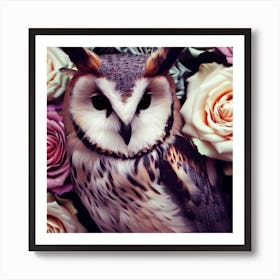 owl with Siberian Husky colors, Chameleon roses Art Print