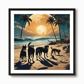 Dogs Full Moon, Sandy Parking Lot, Surfboards, Palm Trees, Beach, Whitewater, Surfers, Waves, Ocean, Art Print