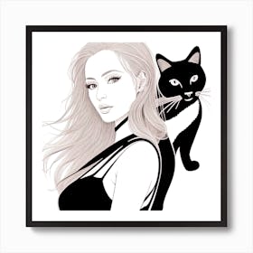 Black And White Girl With Cat Art Print