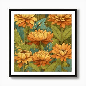 Seamless Pattern With Orange Flowers Art Print