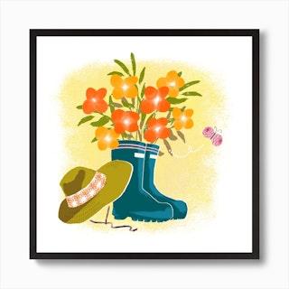 Yellow And Orange Flowers In Gardening Boots Square Art Print