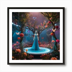 fashion, Surreal fashion garden, plant mannequins, giant flowers, organic dresses, twisted trees, cyber butterflies, psychedelic sky, colorful mist, floating lighting, enchanted podium, colors that change at the touch. 4 Art Print