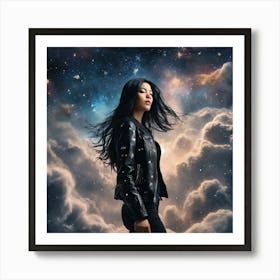 Create A Cinematic Scene Where A Mysterious Woman In A Black Leather Jacket Floats Gracefully Through The Cosmos, Surrounded By Swirling Clouds Of Stars And Galaxies 3 Art Print