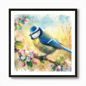 Nature-inspired Watercolor: Blue Tit, Apple Blossoms, and Soft Splatter Background. Art Print