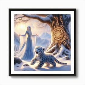 Snow fairy with a cub  Art Print