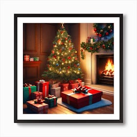 Christmas Presents Under Christmas Tree At Home Next To Fireplace Ultra Hd Realistic Vivid Colors (1) Art Print