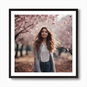 Girl and cherry blossom trees Art Print