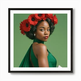 Girl with a wreath of red flowers Art Print