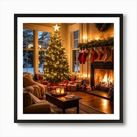 A Cozy Winter Evening By A Roaring Fireplace An Ornately Decorated Christmas Tree Situated In The C (1) Art Print