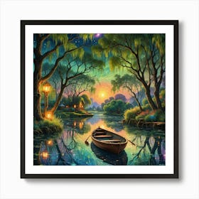 Beautiful Sunset Boat Trees Art Print