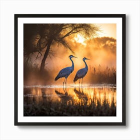 A Pair Of Cranes Sunrise art print Art Print