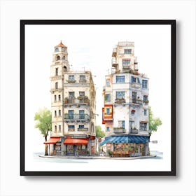 Watercolor Illustration Of Two Buildings Art Print