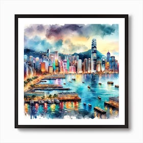 Watercolor Of Hong Kong Skyline Art Print