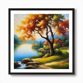 Autumn Tree By The Lake 1 Art Print