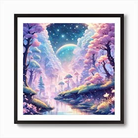 A Fantasy Forest With Twinkling Stars In Pastel Tone Square Composition 353 Art Print