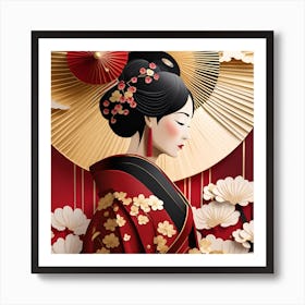 Geisha Japanese Textured Monohromatic 3 Art Print