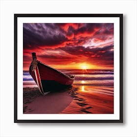 Sunset Boat On The Beach Art Print