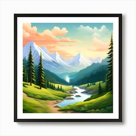 Landscape With Mountains And River Art Print