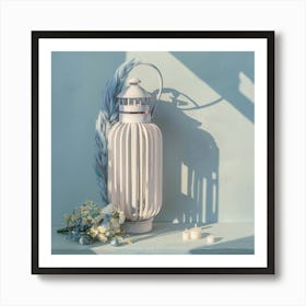 White Lantern With Blue Flowers Art Print